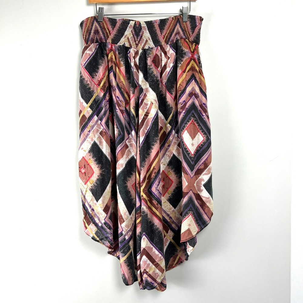 Free People Womens L Asymmetrical Smocked Waistband Pants Boho Festival Hippie